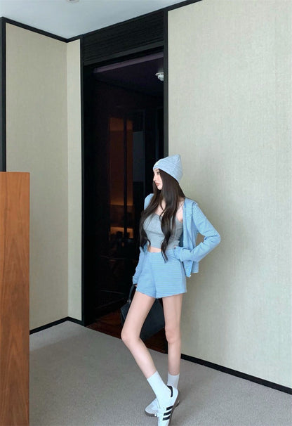 May. 韓女休閒 通勤橫條紋連帽外套 長短款休閒褲 藍