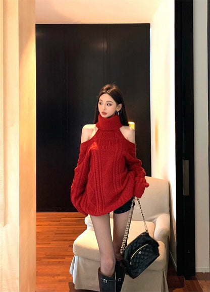 Feb. 復古序曲 麻花高領露肩針織上衣 紅