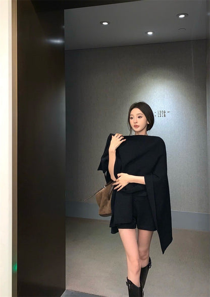 Feb. 溜灣套裝 氣質披肩背心短褲針織三件套 黑