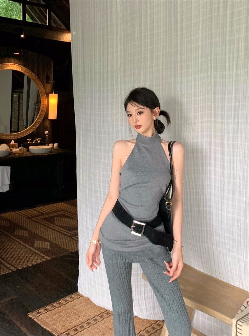 Apr. 復古辣妹 削肩挖背顯瘦背心 麻花反折針織喇叭褲 灰
