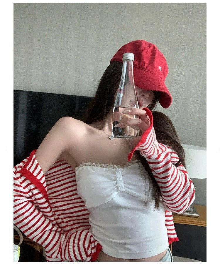 25Nov. 春日小記 復古紅白條紋針織圓領開衫