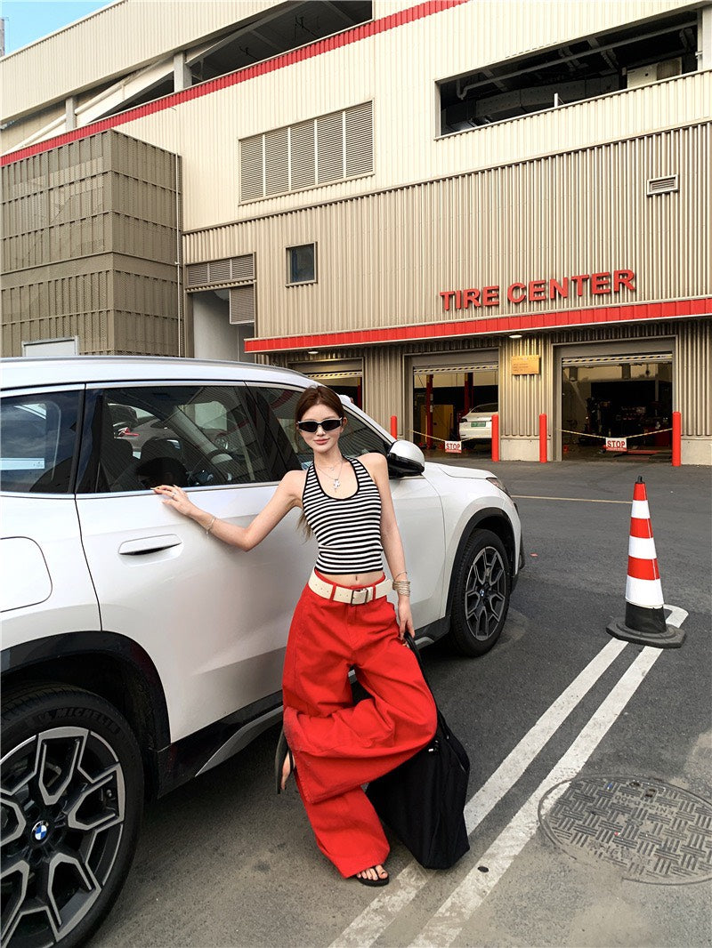 Jun. 經典炸街step高彩度紅色闊腿休閒褲 百搭條紋掛脖背心
