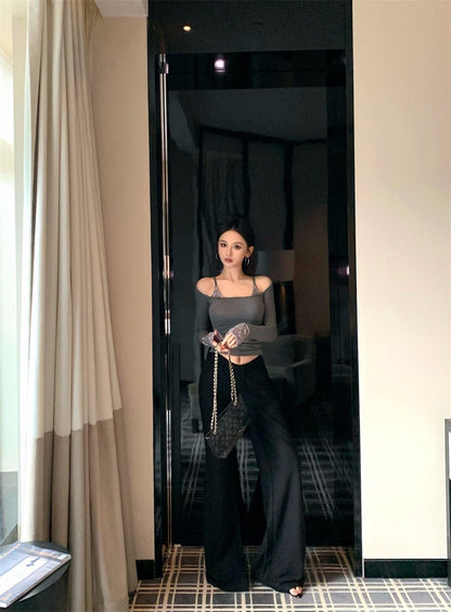 25Nov. 璀璨奪目假兩件式亮片拼接上衣 灰