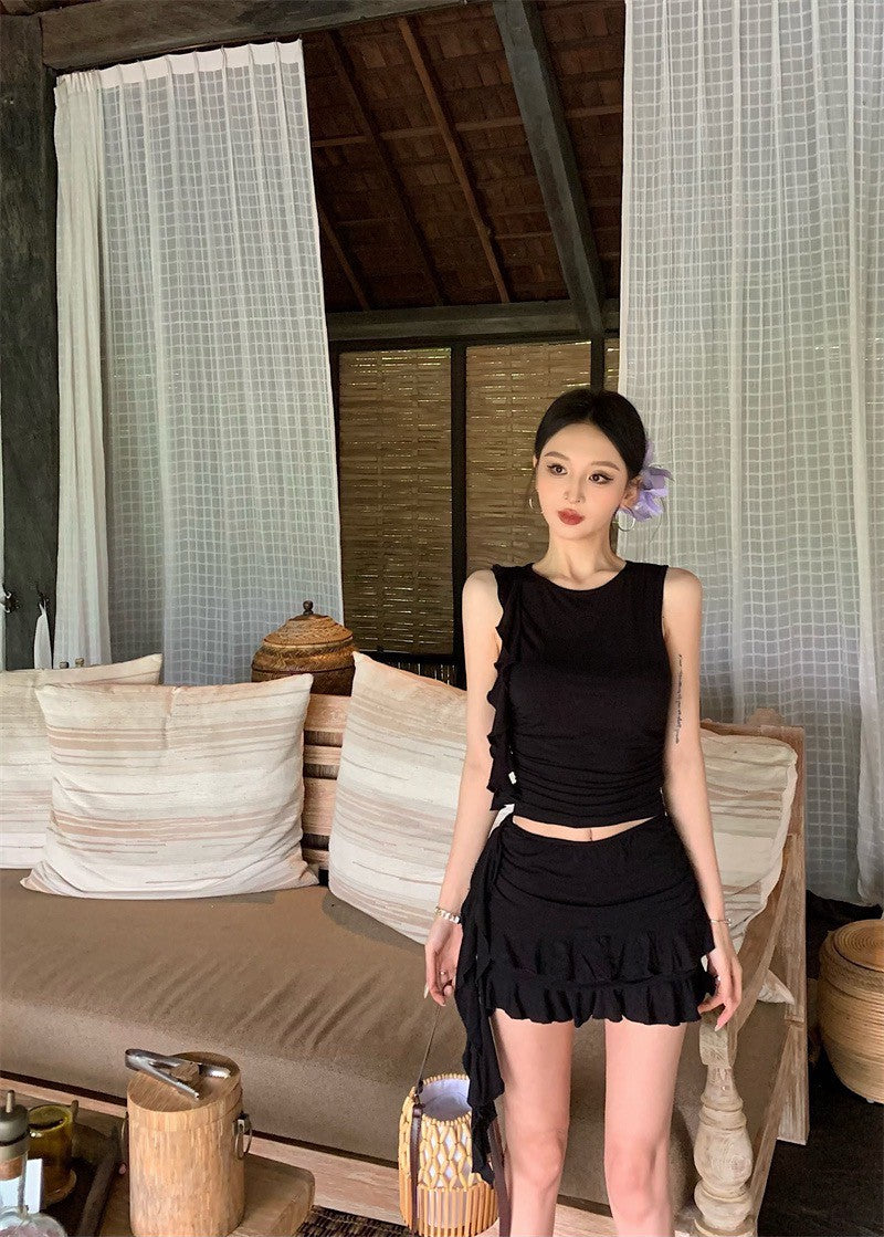 May. 歐美俏皮妞 垂墜荷葉背心半身裙套裝 黑