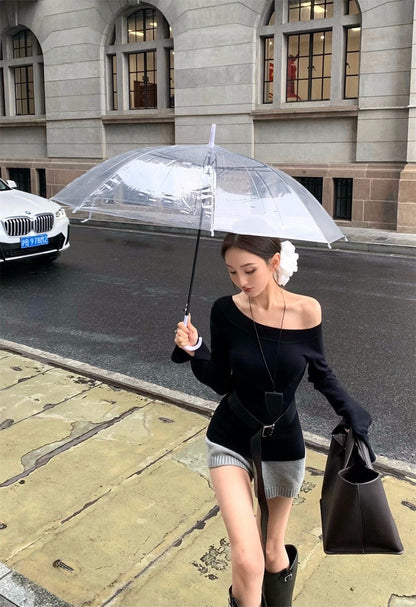 Mar. 美式墜愛 氣質修身斜領針織上衣 黑