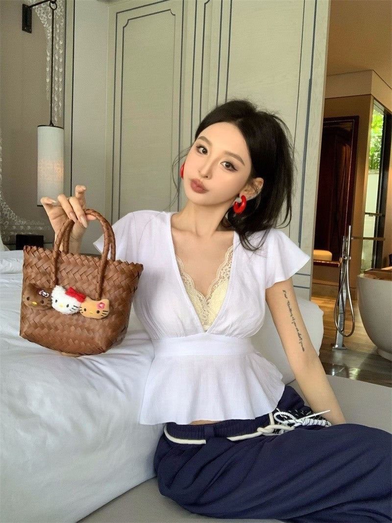 Apr. 法式復古V領收腰短袖白色上衣 奶黃蕾絲內搭