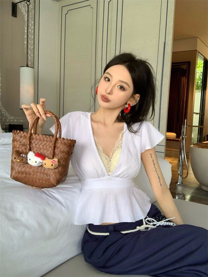 Apr. 法式復古V領收腰短袖白色上衣 奶黃蕾絲內搭