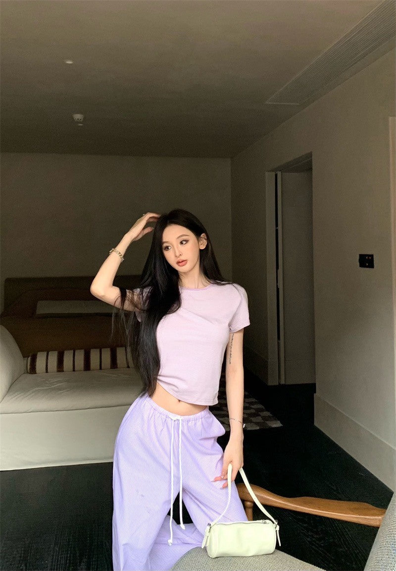 25Jul. 簡約控 居家休閒圓領上衣 條紋鬆緊休閒褲 粉紫
