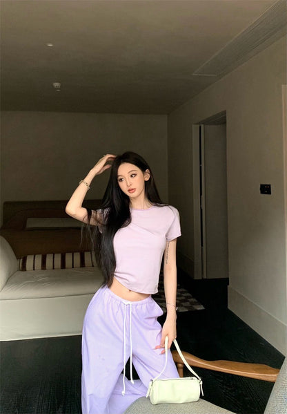 25Jul. 簡約控 居家休閒圓領上衣 條紋鬆緊休閒褲 粉紫