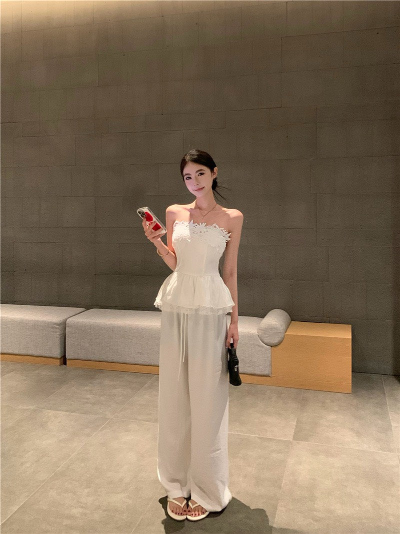Jun. 茉莉花道韓系高雅抹胸上衣 棉麻休閒褲 白色
