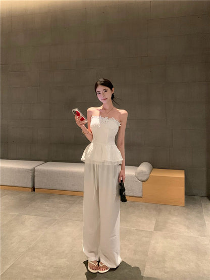 Jun. 茉莉花道韓系高雅抹胸上衣 棉麻休閒褲 白色