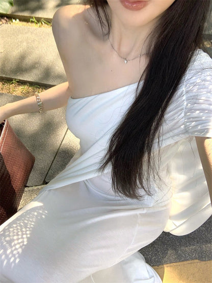 25Jul. 慵懶氣質斜肩不規則雙層連身裙 白