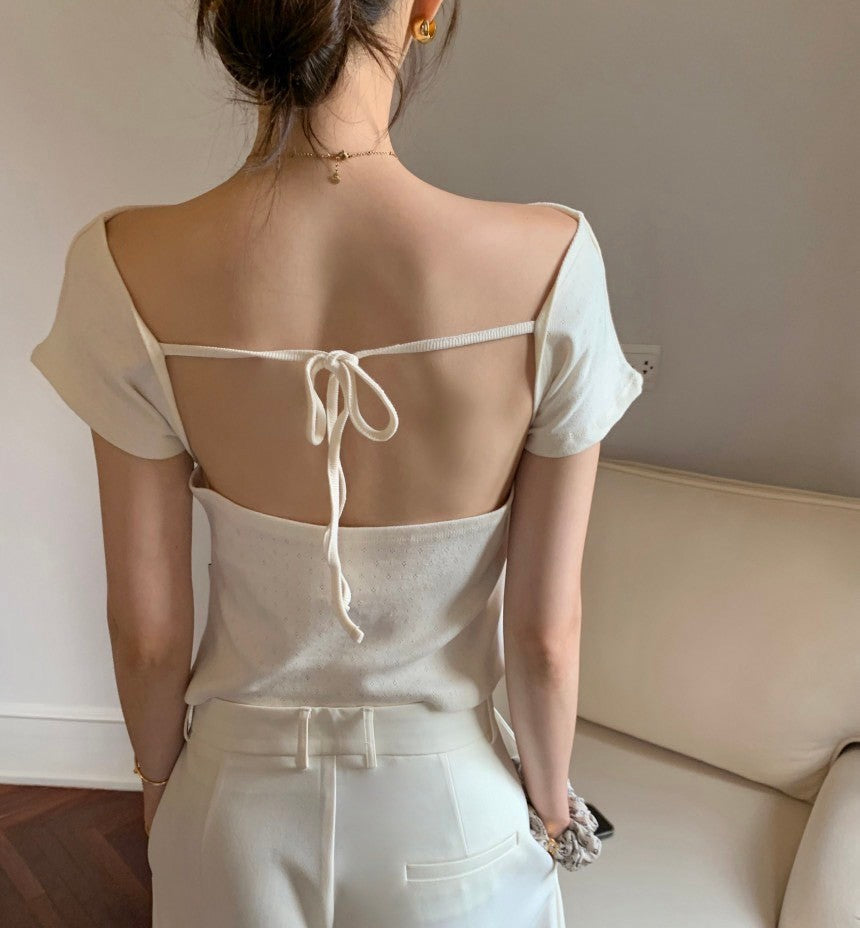 Oct. 簡約領 百搭露背短袖上衣 5色