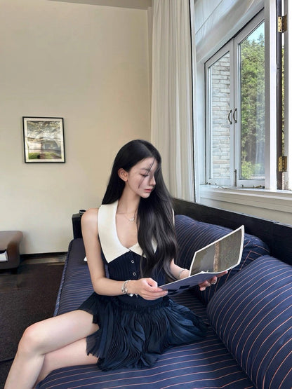 25Aug. 文藝復興Lu家高訂秀款撞色低領針織背心網紗半身裙套裝