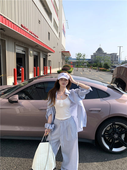 Jun. 奶藍泡芙休閒輕氧格紋襯衫 同花紋休閒褲 淺藍格紋