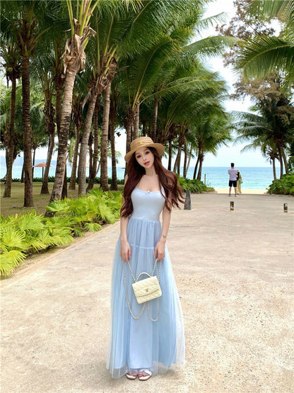 Jun. 嬌寵甜心 U領背心網紗拼接連身裙 淺藍