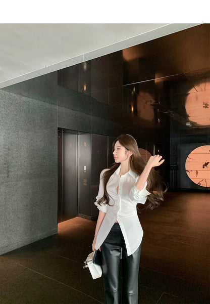 26Apr. 歐美超A字小性感綁帶收腰白襯衫