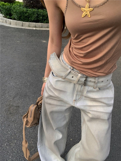 Jun. 牛仔潮 潑染貓鬚水洗淺色彎刀褲 燙鑽Ro風卡其背心