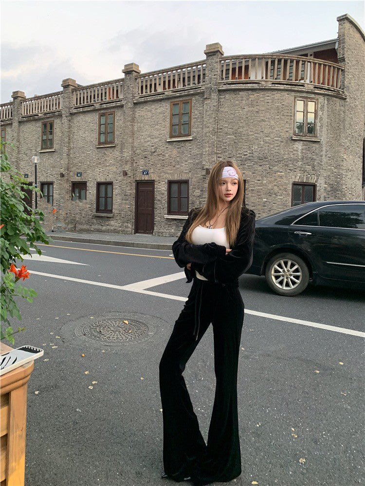 May. 復古disco 休閒黑色絲絨連帽外套 微喇叭休閒褲