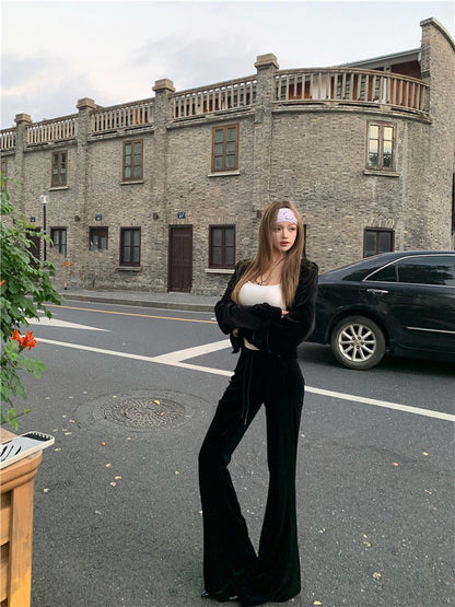 May. 復古disco 休閒黑色絲絨連帽外套 微喇叭休閒褲