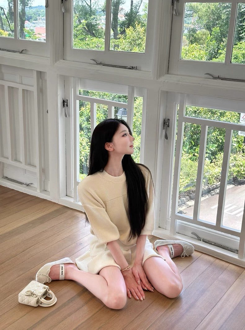 25Aug. 日常美美通勤長袖針織半身裙套裝 米/黑