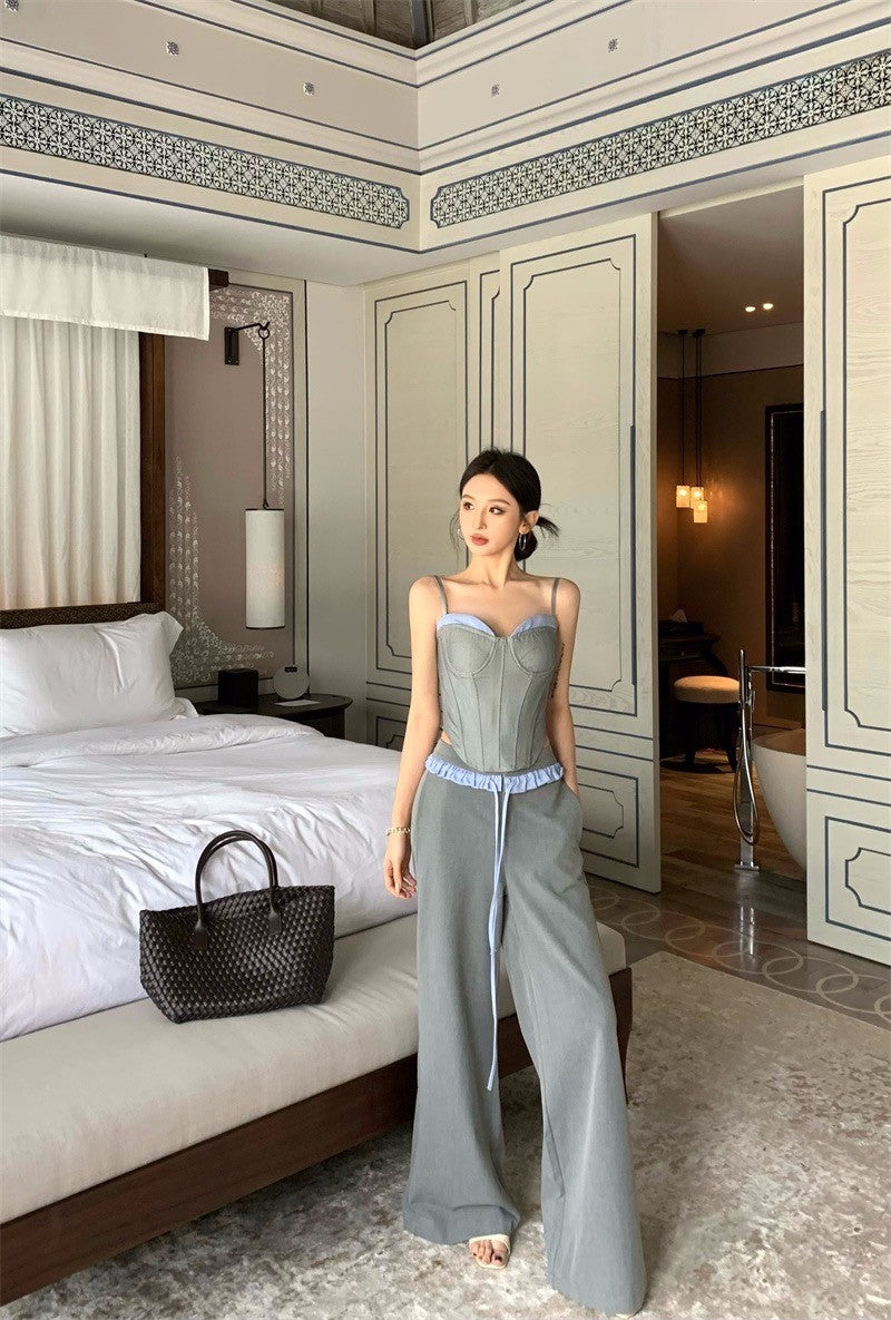 Apr. 復古鹽系 魚骨馬甲吊帶抹胸 拼色休閒褲 灰