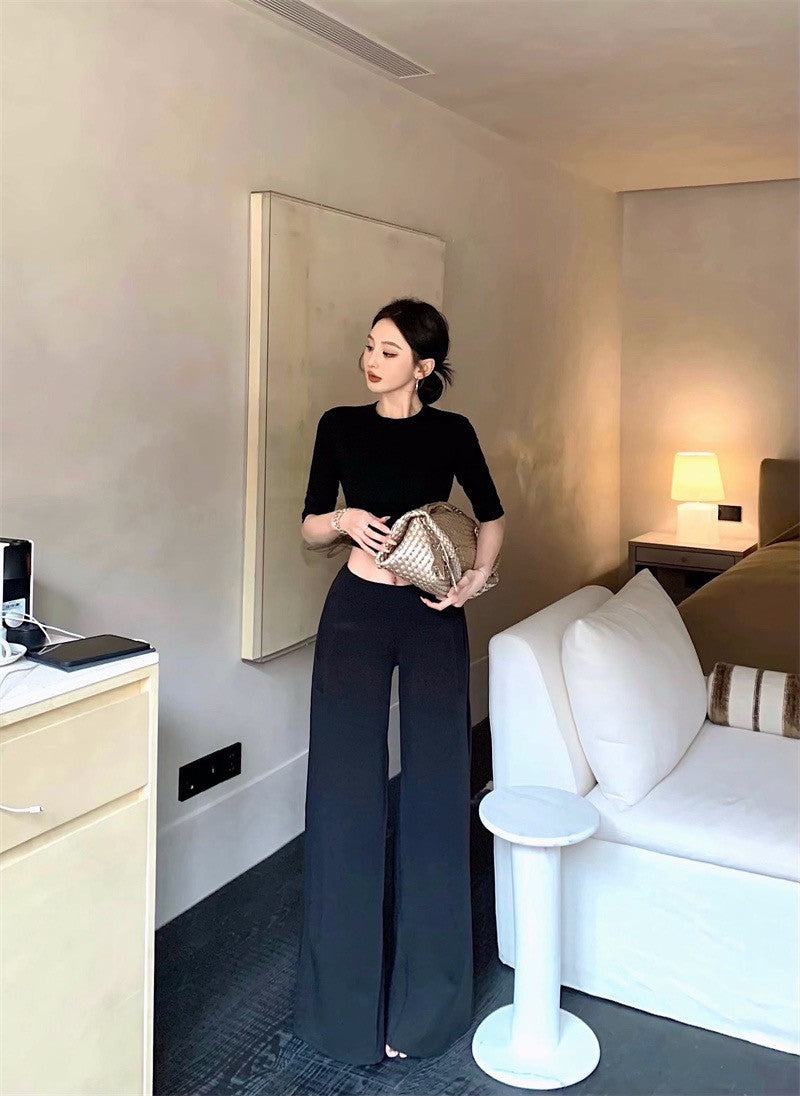 May. 極簡office siren高智修身五分袖上衣  設計款西裝休閒褲 黑