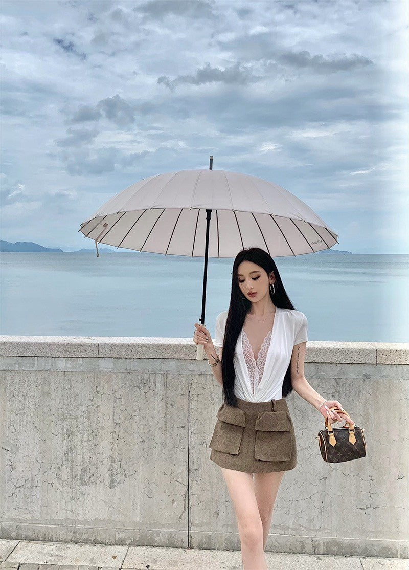 25Jul. 新款蕾絲V領拼接上衣 淺米/卡色