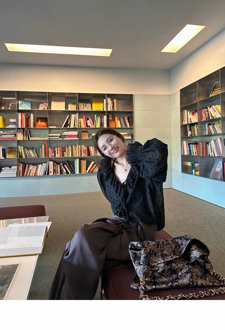 25Dec. 浪漫波卡氣質荷葉雪紡泡泡襯衫 黑