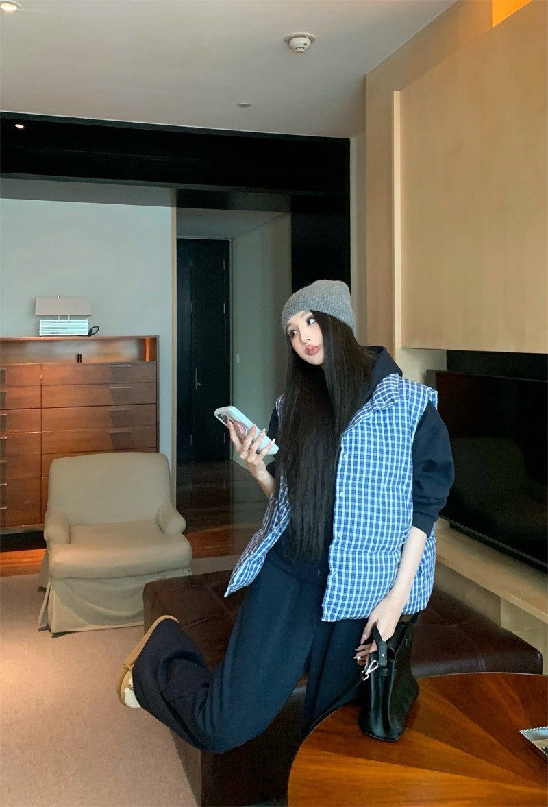 Feb. 韓星慵懶掛 休閒連帽外套 鬆緊休閒褲 格紋羽絨背心