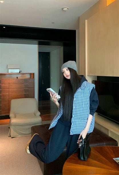 Feb. 韓星慵懶掛 休閒連帽外套 鬆緊休閒褲 格紋羽絨背心