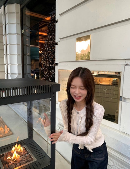 Mar. 早春甜心 Jennie香香同款氣質白針織背心開衫兩件組 白