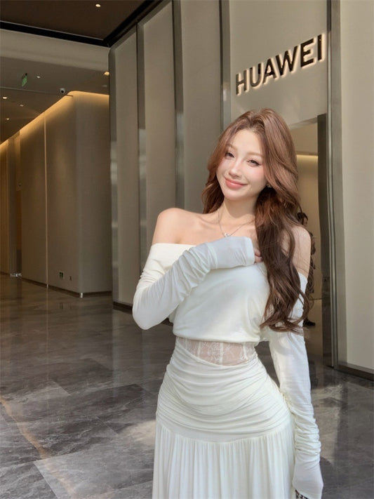 Mar. 香軟Crush 設計感一字領魚骨縷空上衣 褶皺飄逸半身裙 白/淡藍