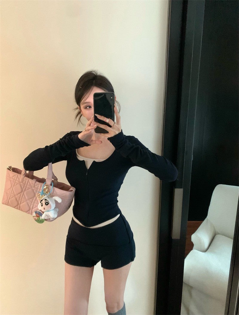 25Jul. 辣妹瑜伽 休閒拉鏈運動服套裝 藏藍