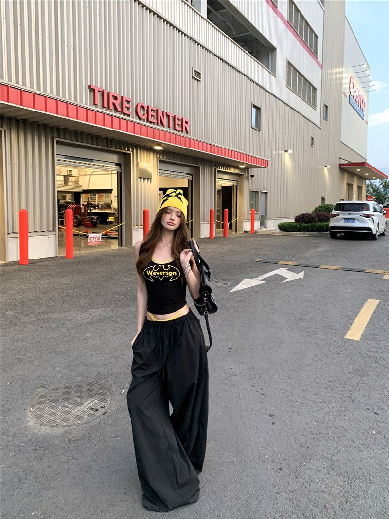 Jun. LA個性女孩 撞色蝙蝠字母印花背心 抽繩鬆緊黑色休閒褲