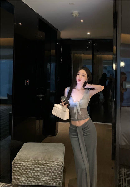 May. 性感毛邊透紗拼接背心 低腰彈力半身裙 灰