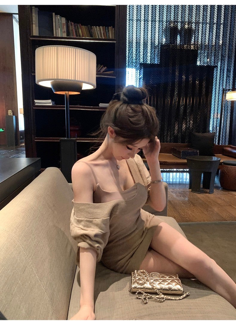 Mar. 奶欲甜心 氣質收腰蝙蝠袖斜肩針織上衣 顯瘦背心 卡杏