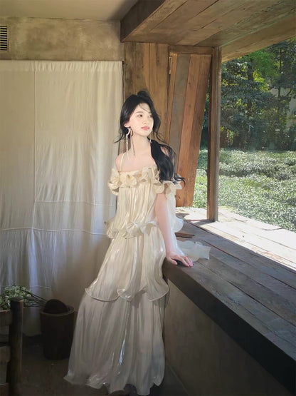 26Jul. 舞會仙女珠光荷葉蛋糕連身裙 珍珠杏