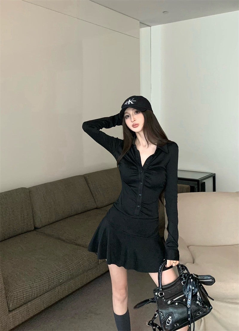 25Jul. 休閒黑色系褶皺襯衫拼接連身裙