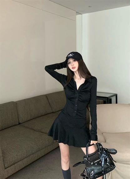 25Jul. 休閒黑色系褶皺襯衫拼接連身裙