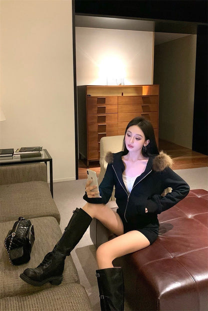 Jan. 奶貓狙擊 通勤慵懶毛毛連帽外套 黑