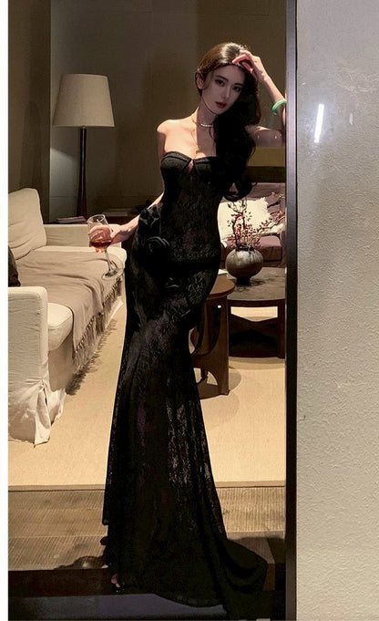 26Apr. 黑墨玫瑰 手工立體花性感抹胸透視連身裙
