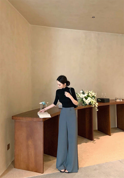 Jun. 高級知性 百搭顯瘦彈力上衣 黑 高腰闊腿褲 灰