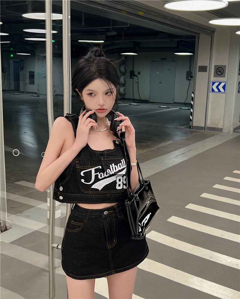 Jun. 甜辣工裝設計字母吊帶背心 半身褲裙