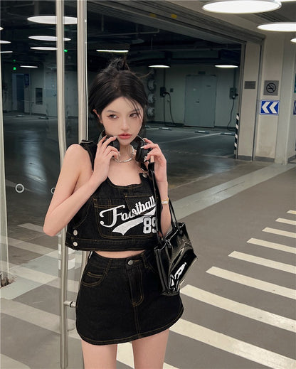 Jun. 甜辣工裝設計字母吊帶背心 半身褲裙