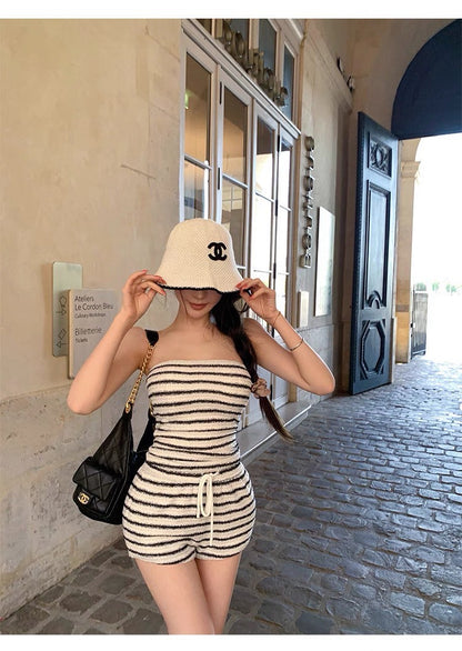 25Aug. 法香特殊織機紡藝條紋抹胸短褲套裝