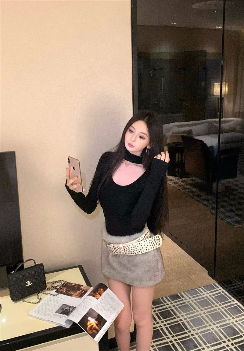 26Jan. 溫柔小蠻腰U領掛脖上衣2色皮草半身裙