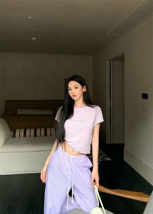 25Jul. 簡約控 居家休閒圓領上衣 條紋鬆緊休閒褲 粉紫