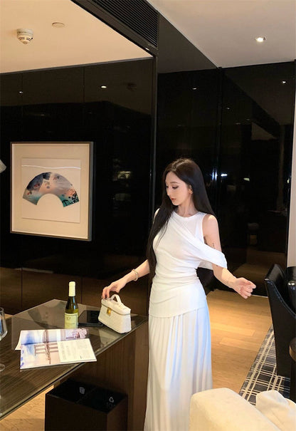 25Jul. 濟州女孩 簡約假兩件式上衣半身裙套裝 米白