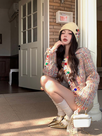 25Dec. 彩色粗呢編織夾棉小香短外套